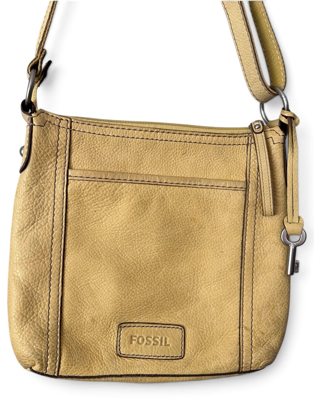 Fossil Yellow Leather Shoulder Bag Purse Adjustable Strap Key Charm